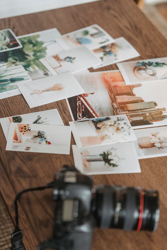 Collection of art prints scattered on a wooden table with a camera, embodying creativity and nostalgia.